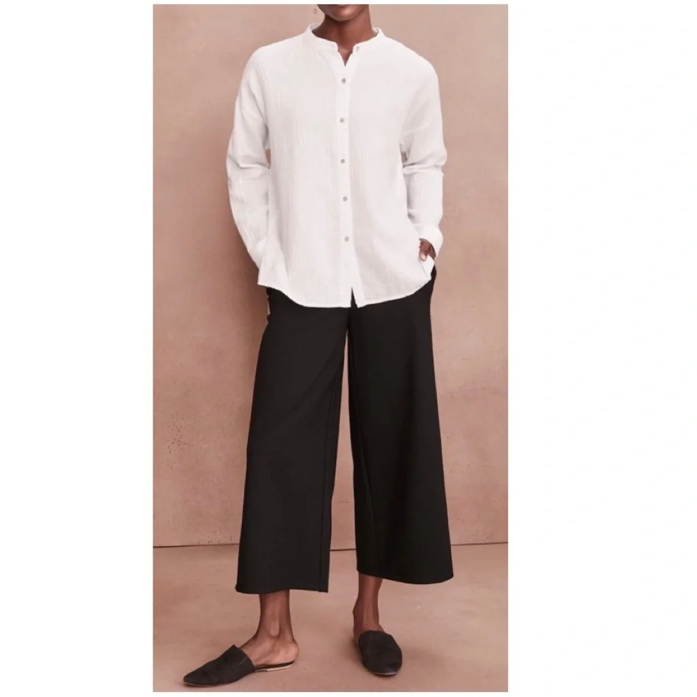 Eileen Fisher Black Flat Front High-Rise Wide Leg Ankle Crop Linen Pants Small - Picture 9 of 16